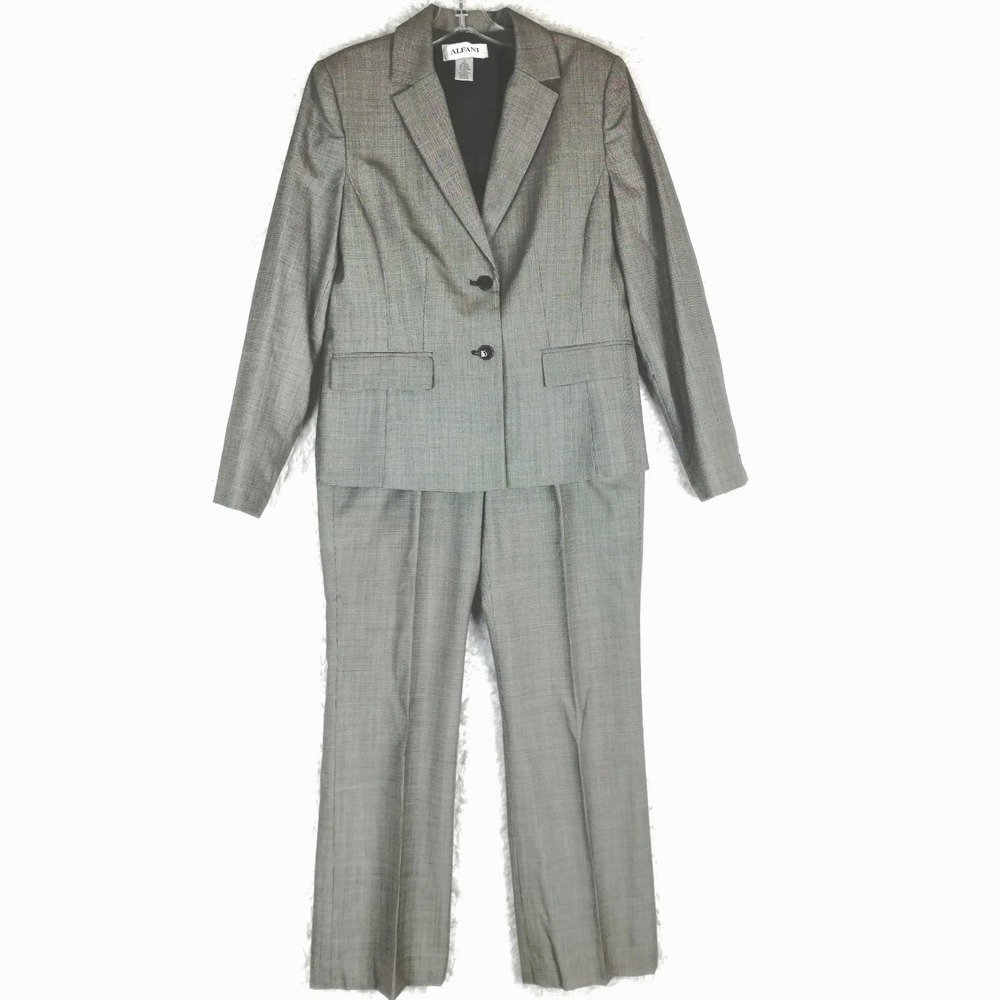 Alfani Womens Suit Set Blazer Jacket Pants Wool Mohair Blend Gray Houndstooth 10